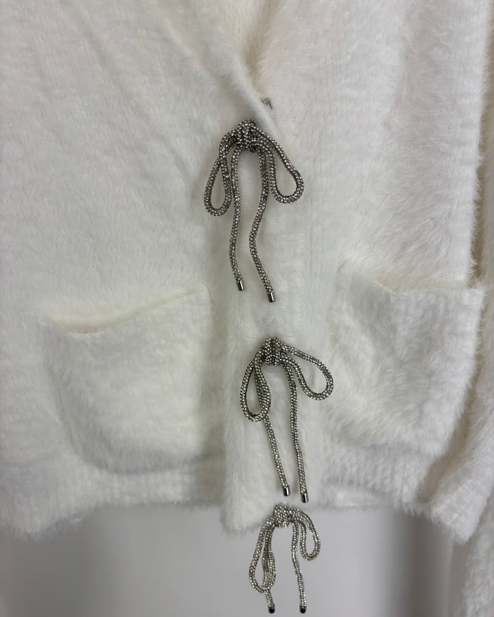White Cardigan with Silver Bow Buttons - Size 4/6