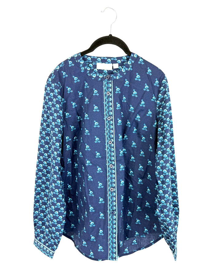 Navy Blue And Turquoise Paisley Button Down Blouse - Size 6/8