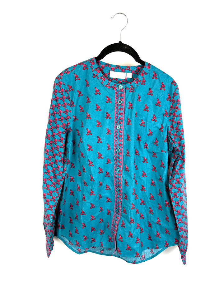 Teal and Red Paisley Button Down Blouse - Size 6/8