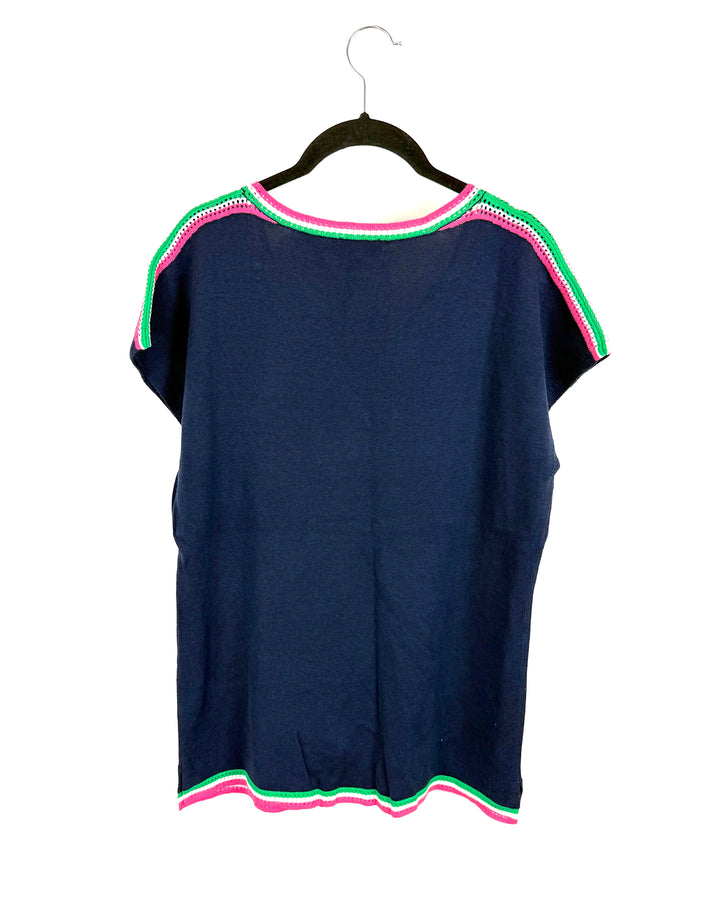 Navy Blue And Pink Short Sleeve Sweater - Size 6/8