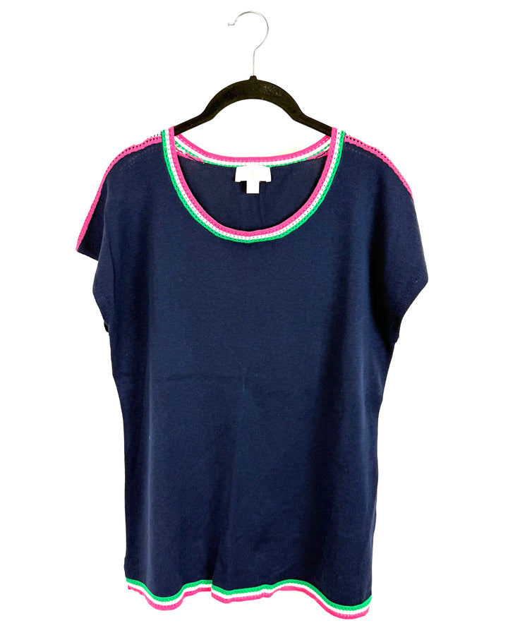 Navy Blue And Pink Short Sleeve Sweater - Size 6/8