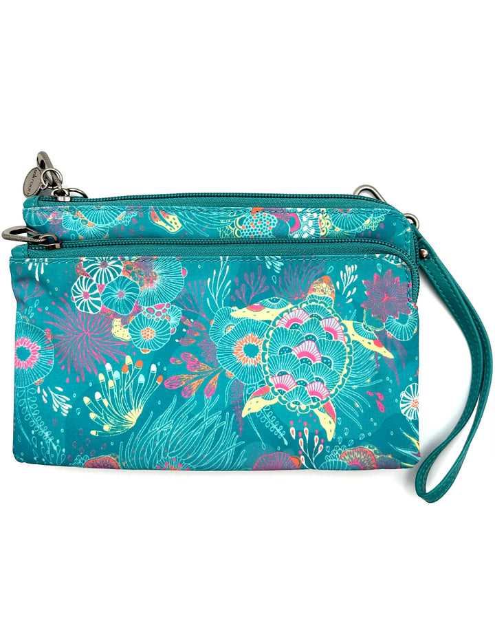 Teal Ocean Motif Double Zipper Crossbody Bag