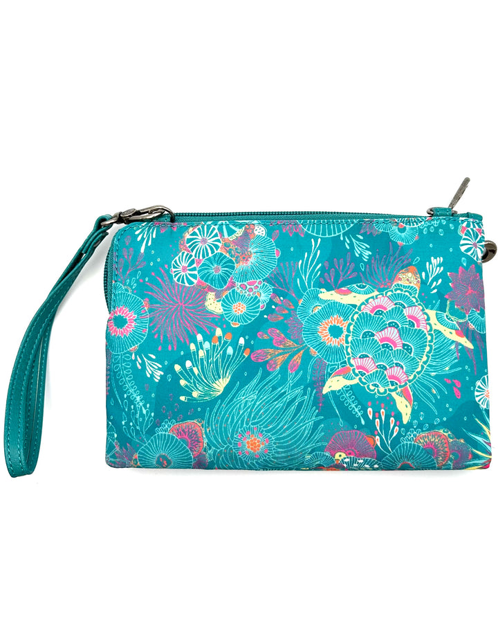 Teal Ocean Motif Double Zipper Crossbody Bag
