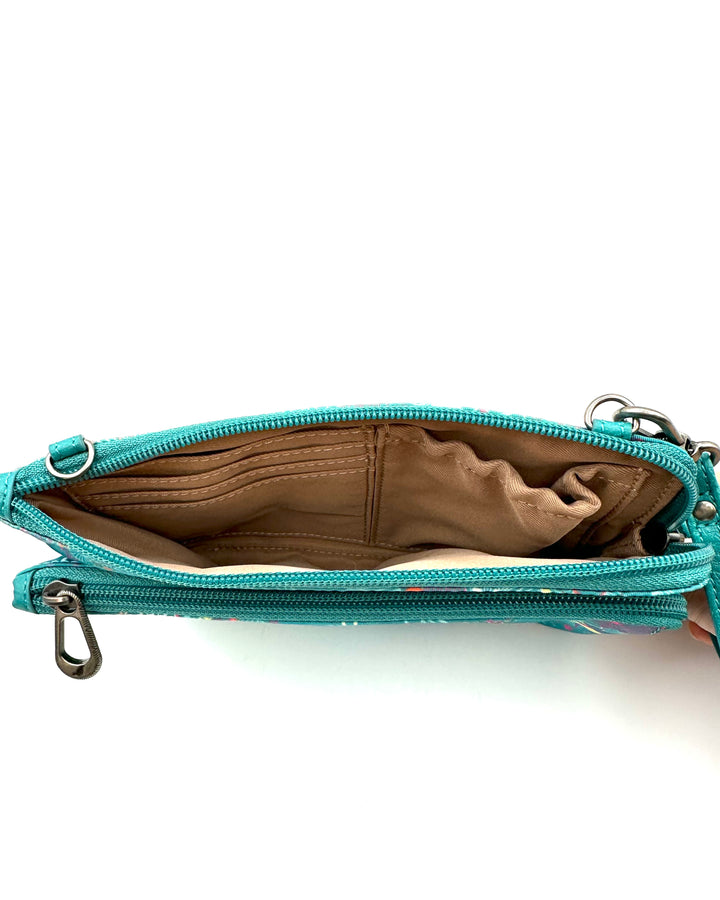 Teal Ocean Motif Double Zipper Crossbody Bag