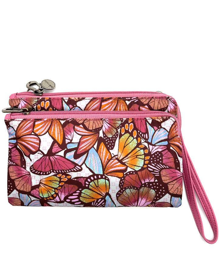 Pink Butterfly Motif Double Zipper Crossbody Bag
