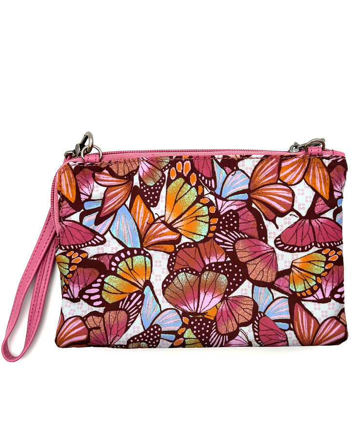 Pink Butterfly Motif Double Zipper Crossbody Bag