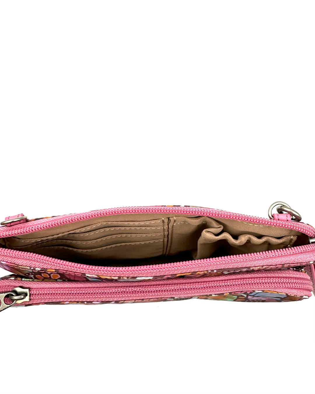 Pink Butterfly Motif Double Zipper Crossbody Bag