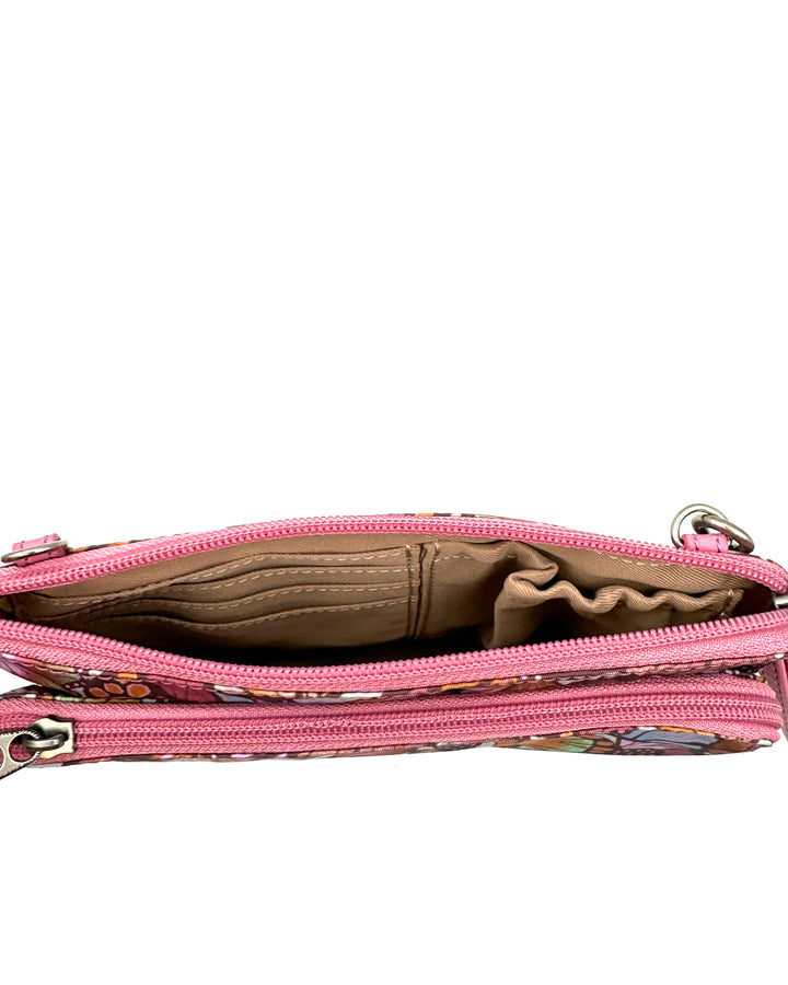 Pink Butterfly Motif Double Zipper Crossbody Bag