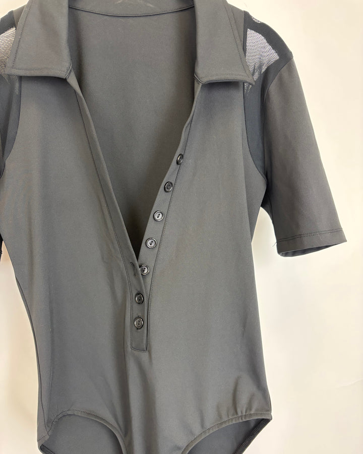 Black Button Up Collared Bodysuit - Size Small