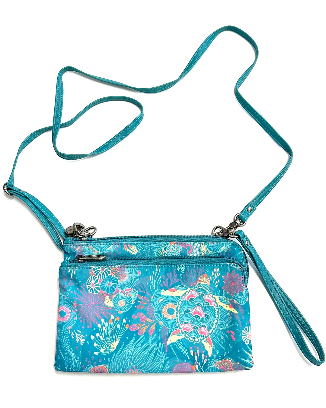 Teal Ocean Motif Double Zipper Crossbody Bag