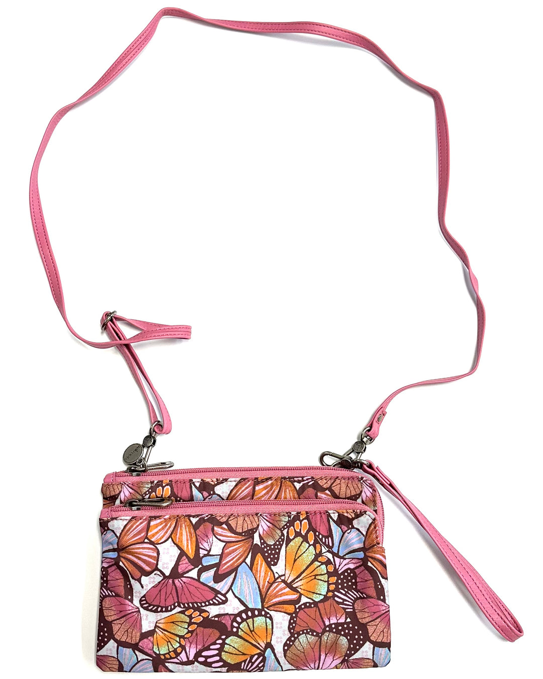 Pink Butterfly Motif Double Zipper Crossbody Bag