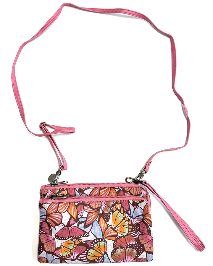 Pink Butterfly Motif Double Zipper Crossbody Bag