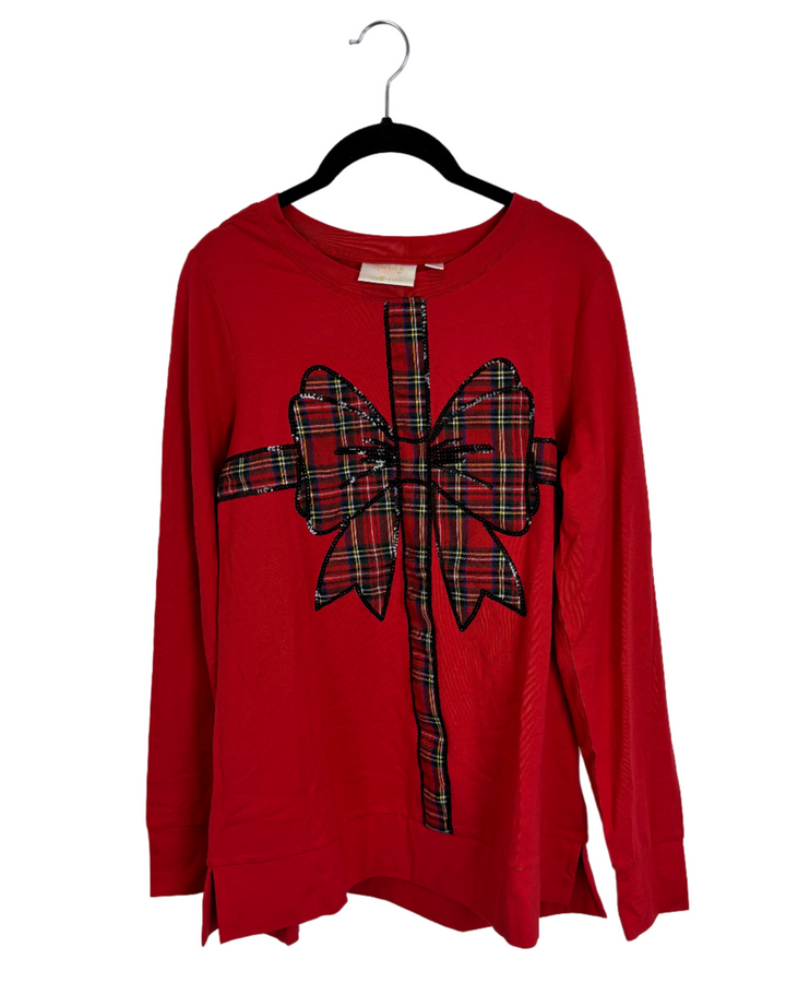 Red Plaid Bow Long Sleeve Top - Size 6/8