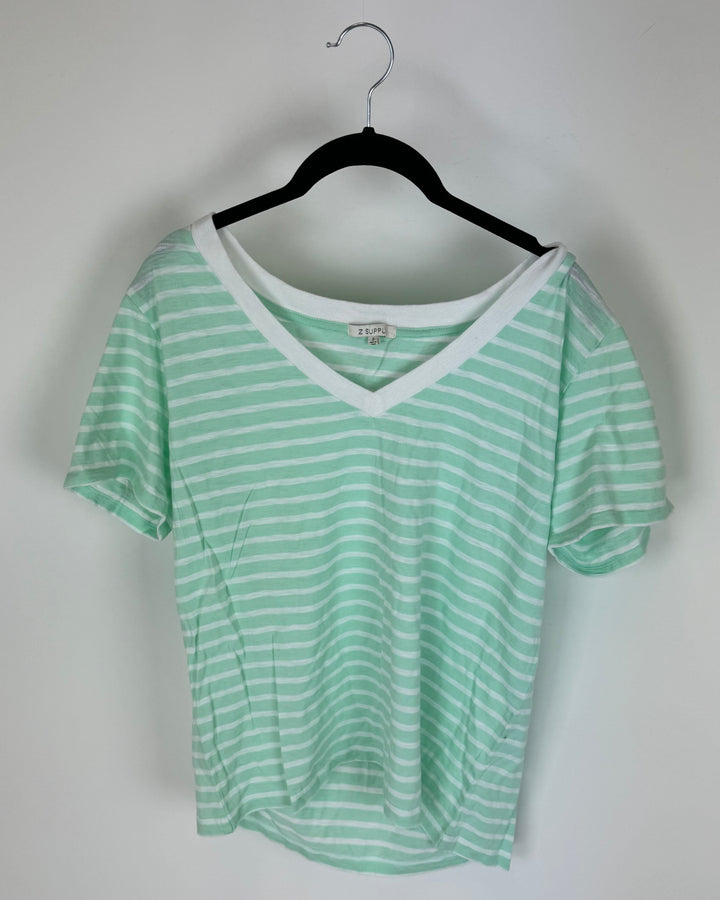 White And Mint Green  Short Sleeve Top - Size 4-6