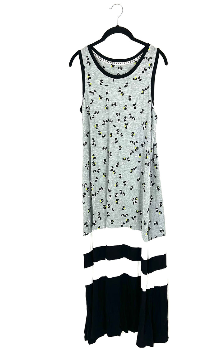 Long Gray Lounge Dress With White and Green Floral Pattern - Small
