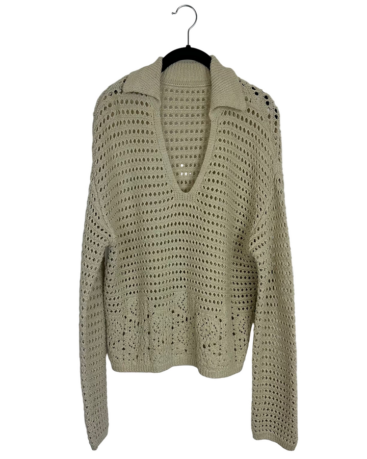 Brown Crochet V-Neck Collared Sweater - Size 4/6