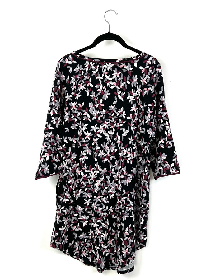 Black And Pink Floral Print Long-Sleeve Nightgown - Small