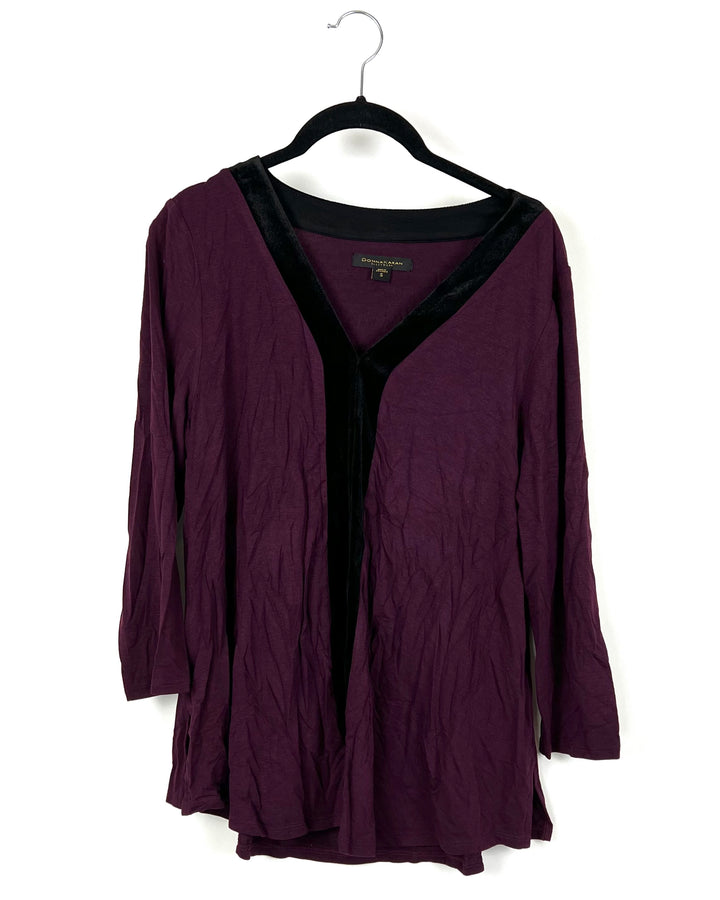 Maroon Long Sleeve Sleep Shirt With Black Velvet Detailing - Small