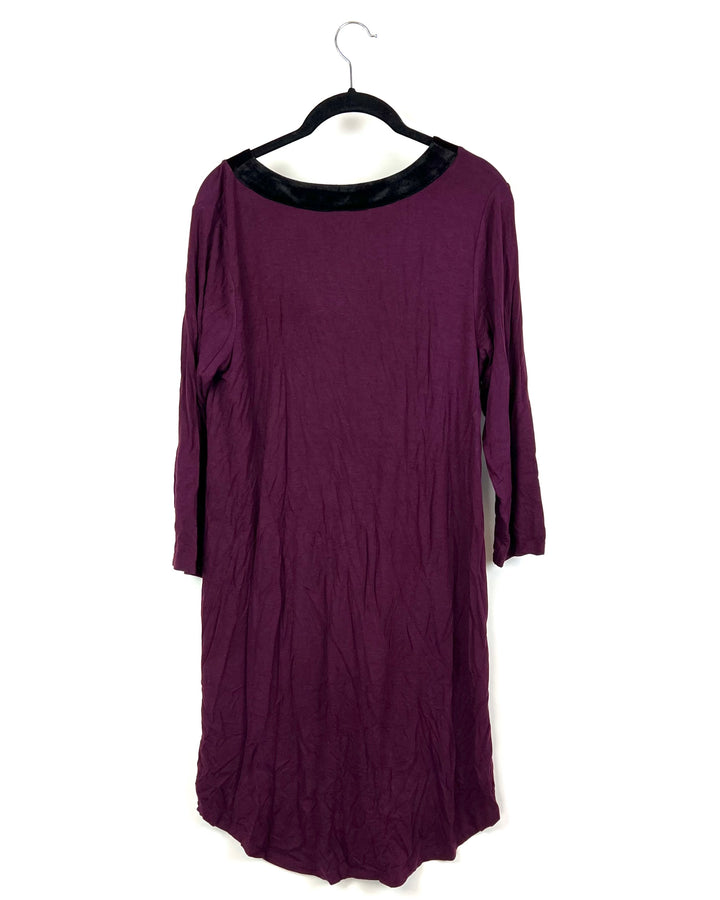 Maroon Long-Sleeve Nightgown With Black Velvet Detailing - Small