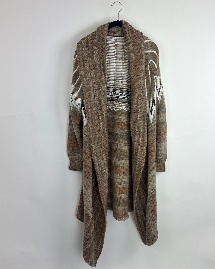 Brown Patterned Open-Front Cardigan- Size 8/10