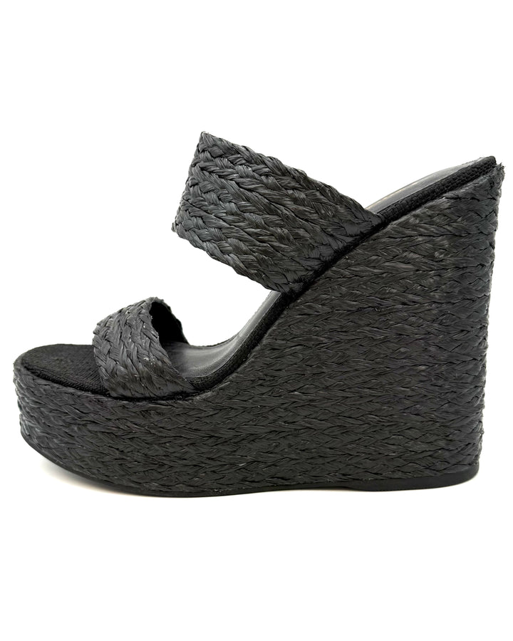 Black Raffia Platform Wedge Sandals - Size 6.5