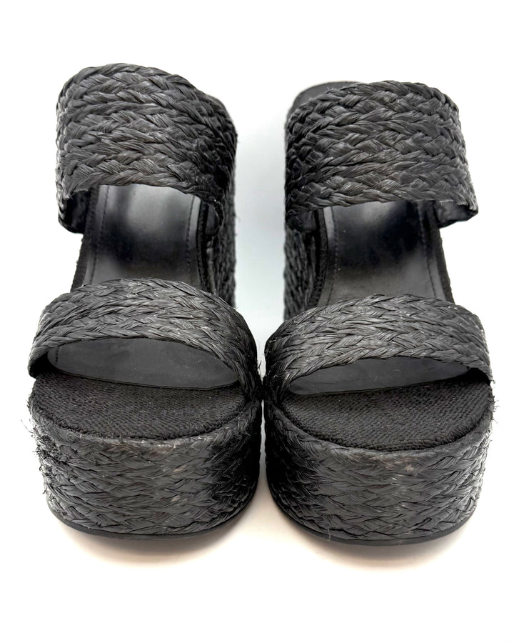 Black Raffia Platform Wedge Sandals - Size 6.5