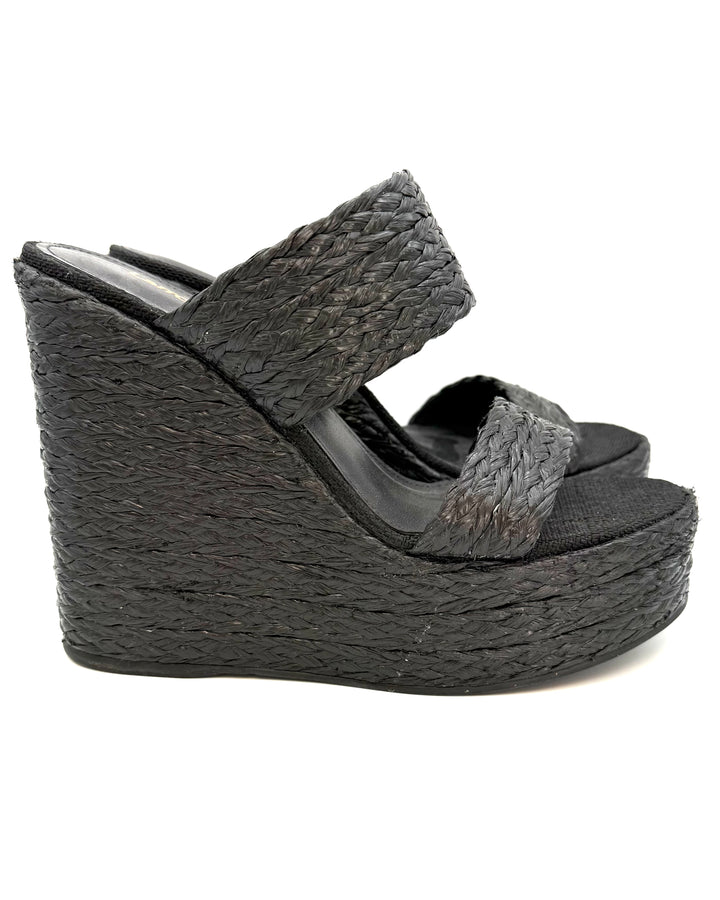 Black Raffia Platform Wedge Sandals - Size 6.5