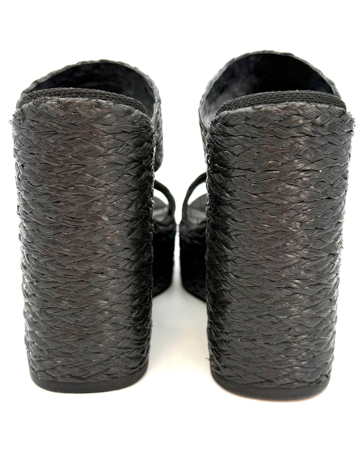Black Raffia Platform Wedge Sandals - Size 6.5