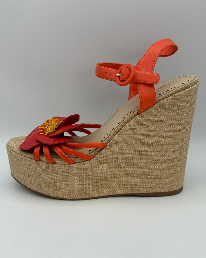 Orange Floral and Raffia Platform Wedge Sandals - Size 9