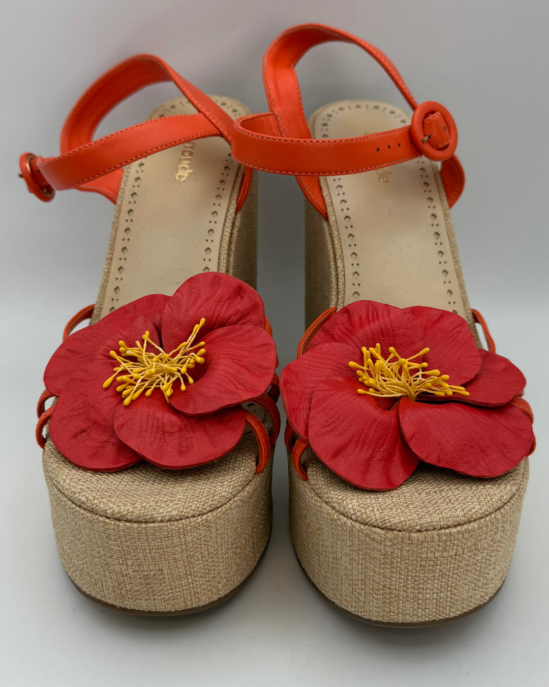 Orange Floral and Raffia Platform Wedge Sandals - Size 9
