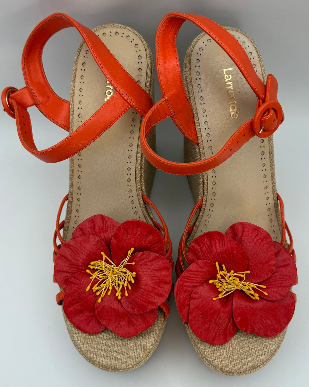 Orange Floral and Raffia Platform Wedge Sandals - Size 9