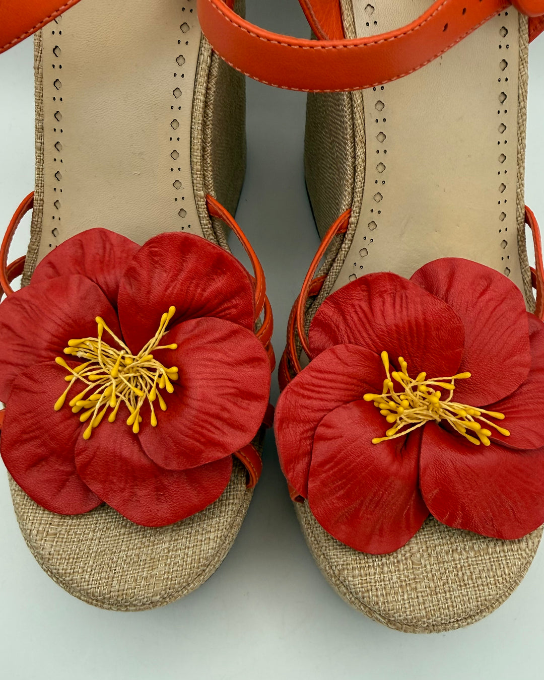 Orange Floral and Raffia Platform Wedge Sandals - Size 9