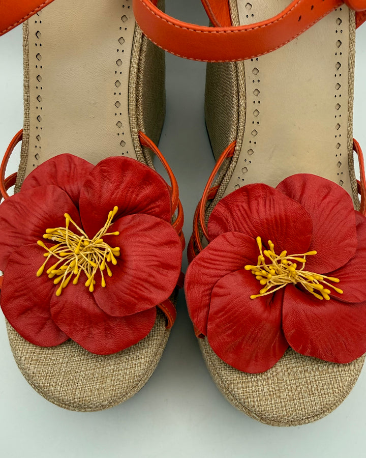 Orange Floral and Raffia Platform Wedge Sandals - Size 9