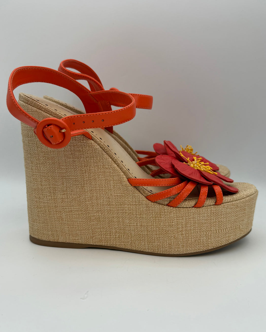 Orange Floral and Raffia Platform Wedge Sandals - Size 9