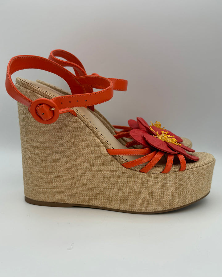 Orange Floral and Raffia Platform Wedge Sandals - Size 9