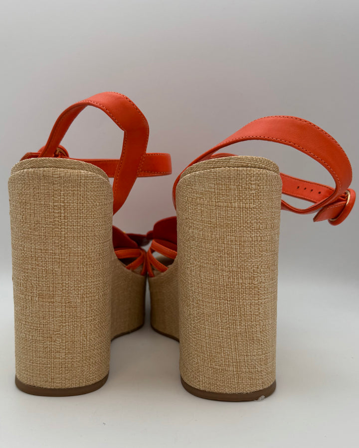 Orange Floral and Raffia Platform Wedge Sandals - Size 9