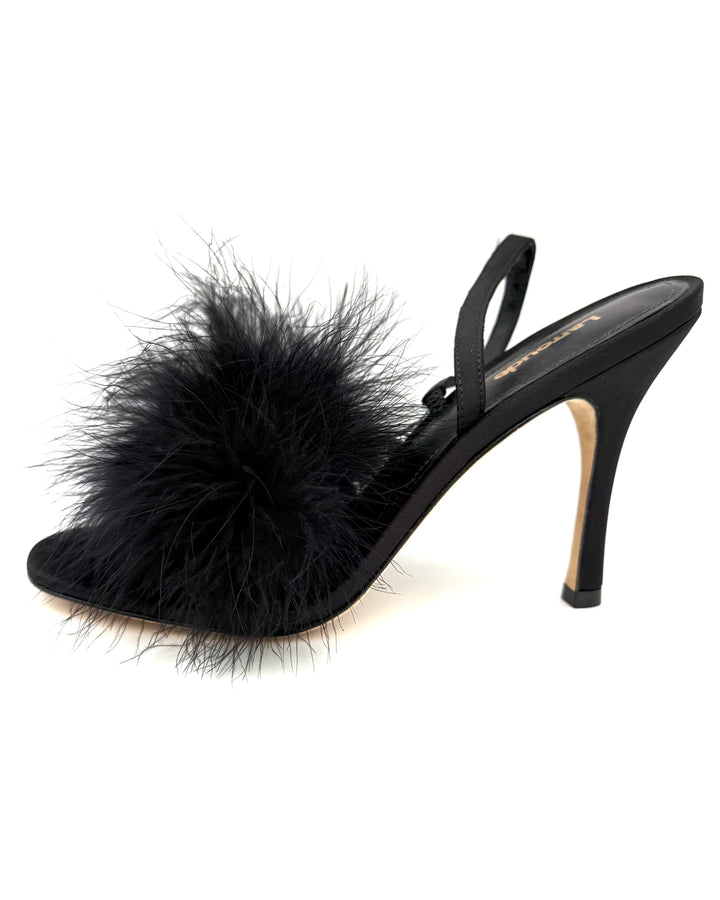 Black Feather Trim Slingback Heels - Size 7, 8, and 9