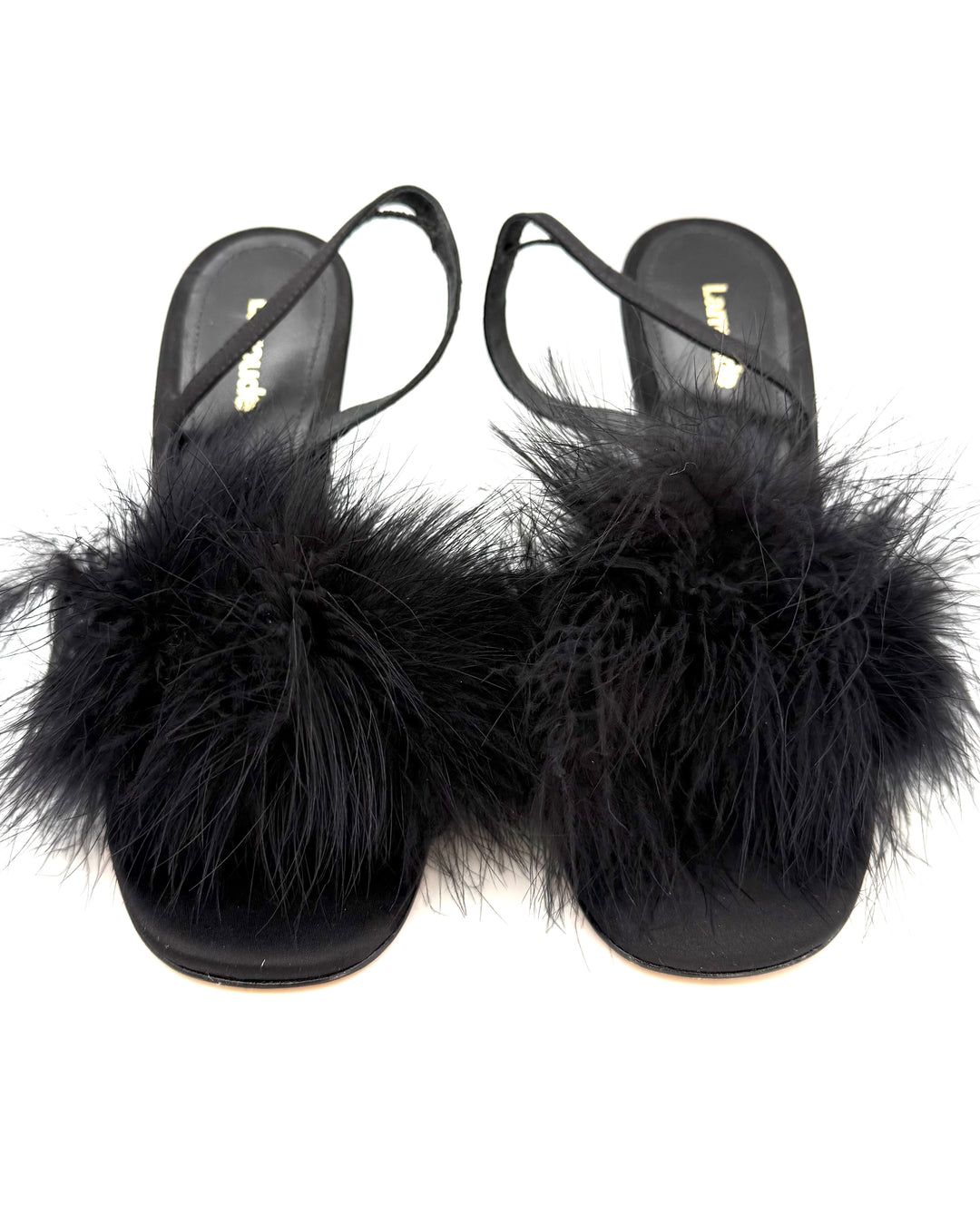 Black Feather Trim Slingback Heels - Size 7, 8, and 9