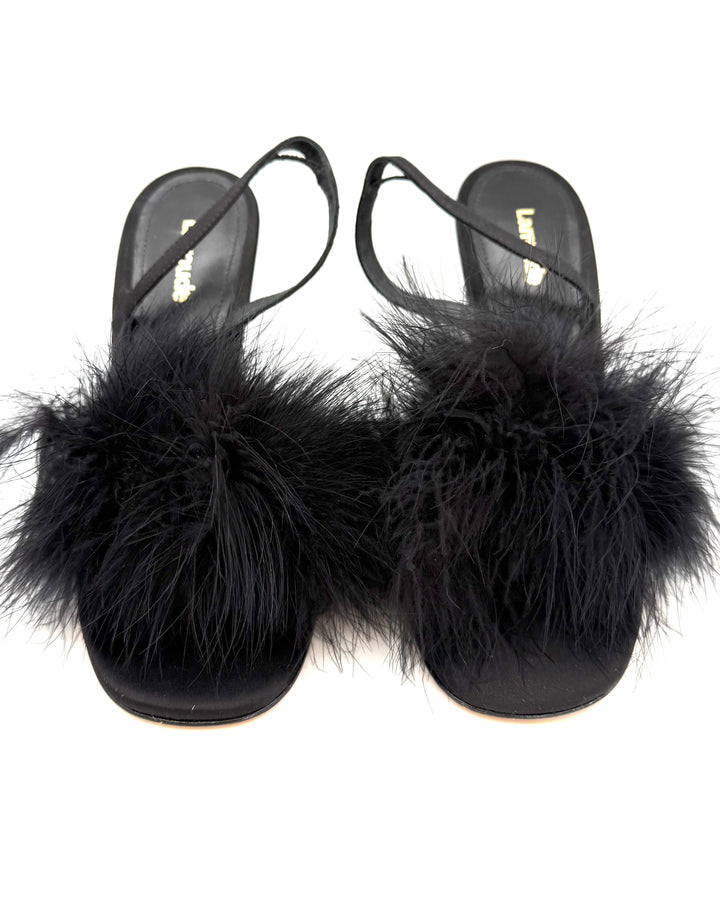 Black Feather Trim Slingback Heels - Size 7, 8, and 9