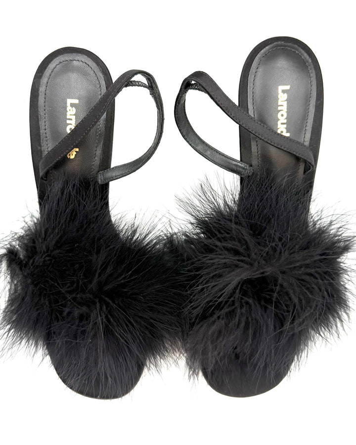 Black Feather Trim Slingback Heels - Size 7, 8, and 9