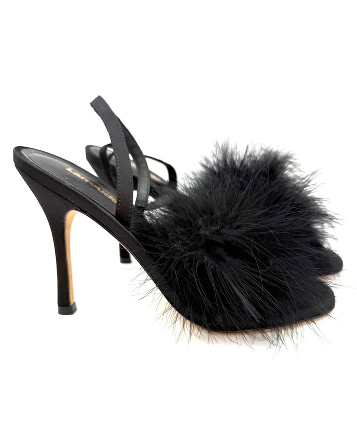 Black Feather Trim Slingback Heels - Size 7, 8, and 9