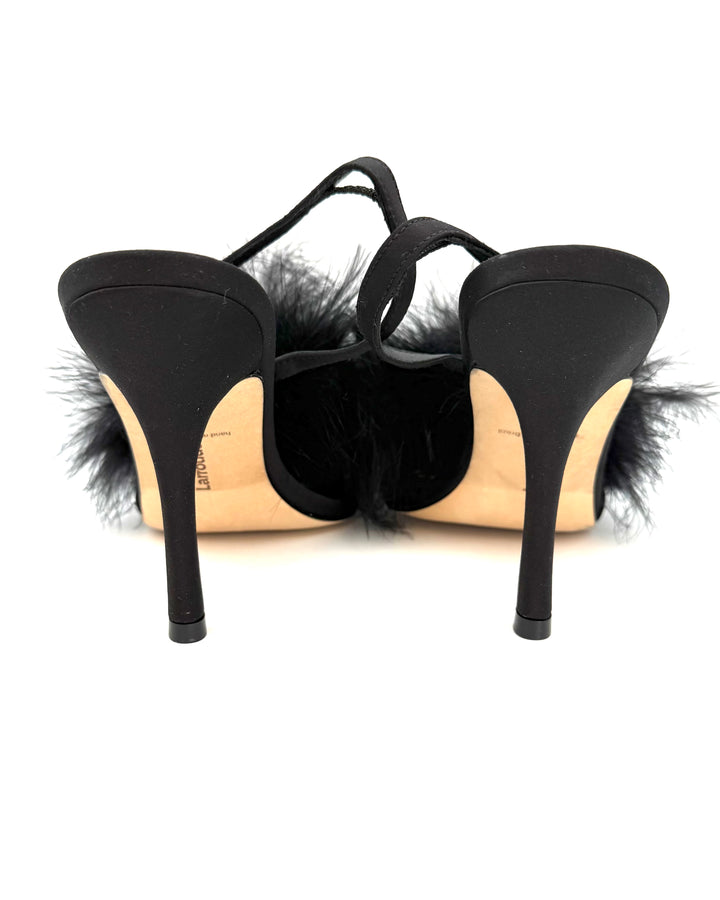 Black Feather Trim Slingback Heels - Size 7, 8, and 9