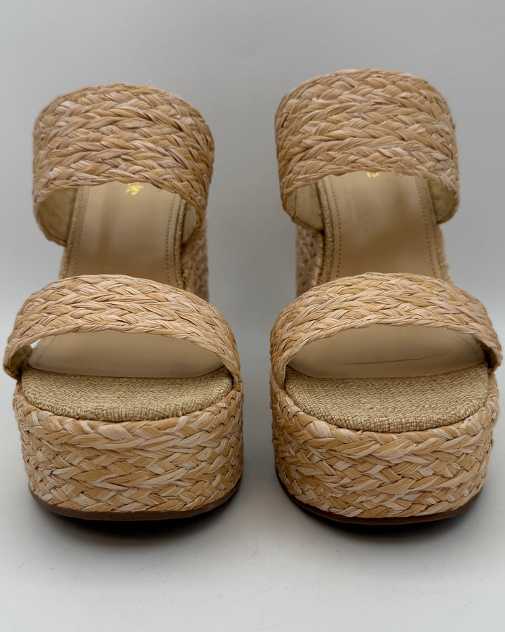 Almond Raffia Platform Wedge Sandals - Size 8.5