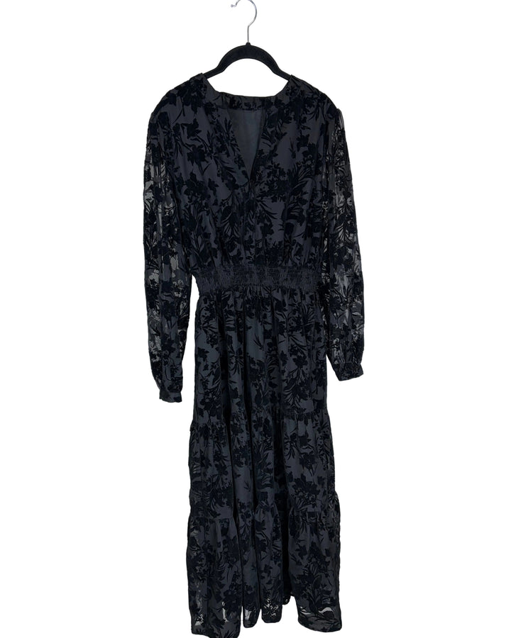 Black Velvet-Like Floral Dress - Size 6/8