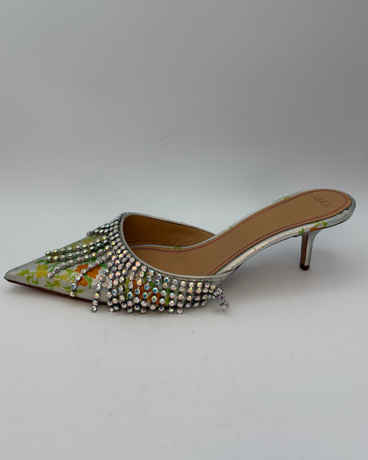 Floral Iridescent Rhinestone Fringe Kitten Heels - Size 41