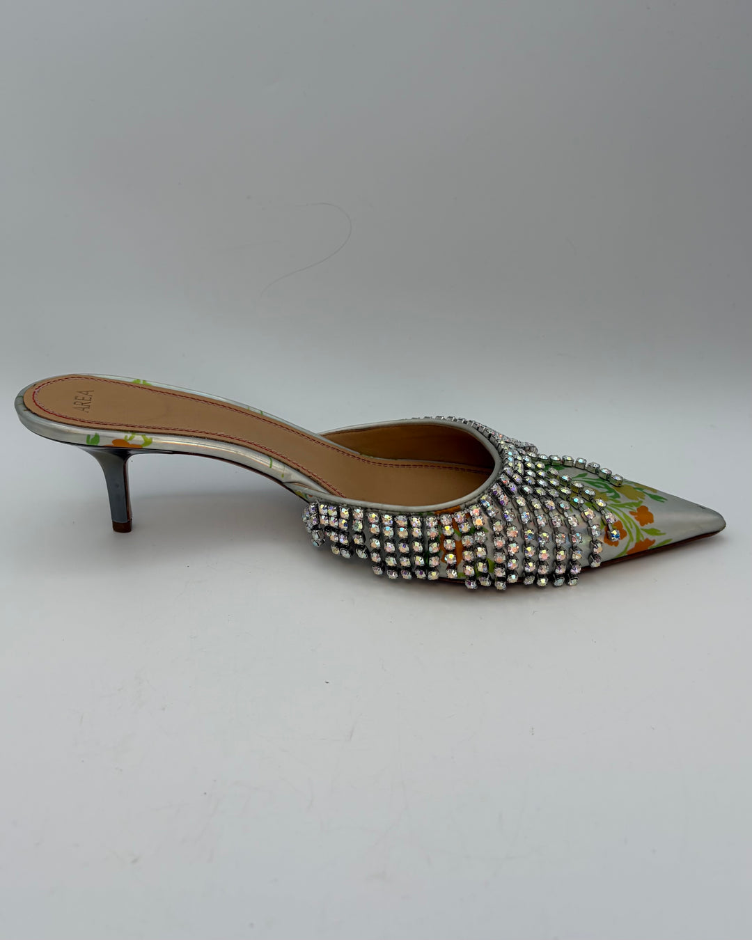 Floral Iridescent Rhinestone Fringe Kitten Heels - Size 41