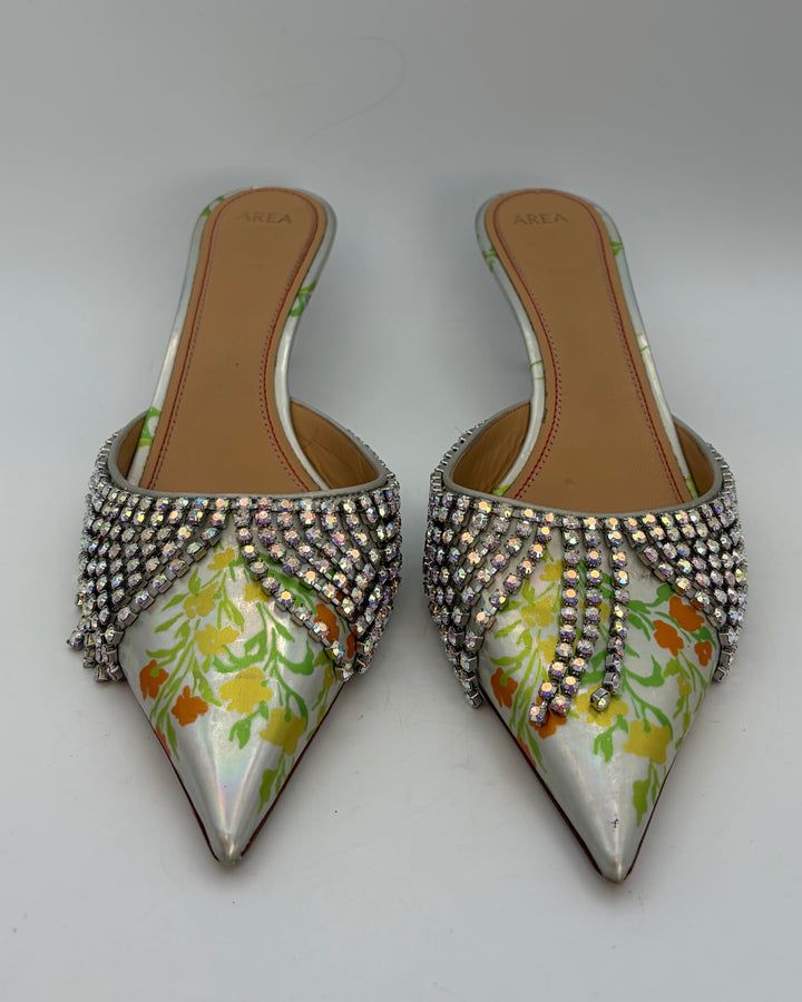 Floral Iridescent Rhinestone Fringe Kitten Heels - Size 41
