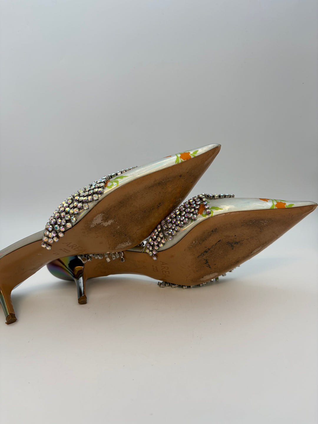 Floral Iridescent Rhinestone Fringe Kitten Heels - Size 41