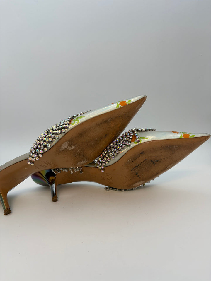 Floral Iridescent Rhinestone Fringe Kitten Heels - Size 41