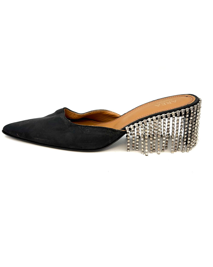 Black Satin Rhinestone Fringe Back Heels - Size 39